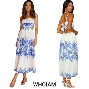 Nwt WHOIAM Aussie Design Creme/Blue Floral Lace up Bodice Elastic Midi S…